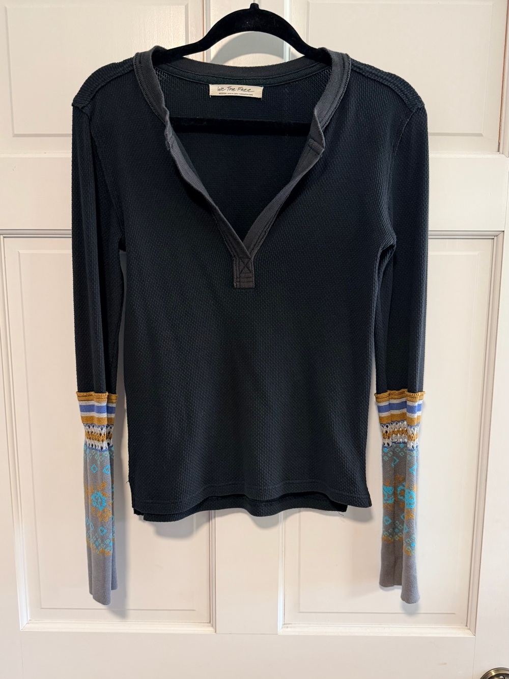 Free People We The Free Mikah Thermal M Black Patterned Knit Cuff Henley⁠